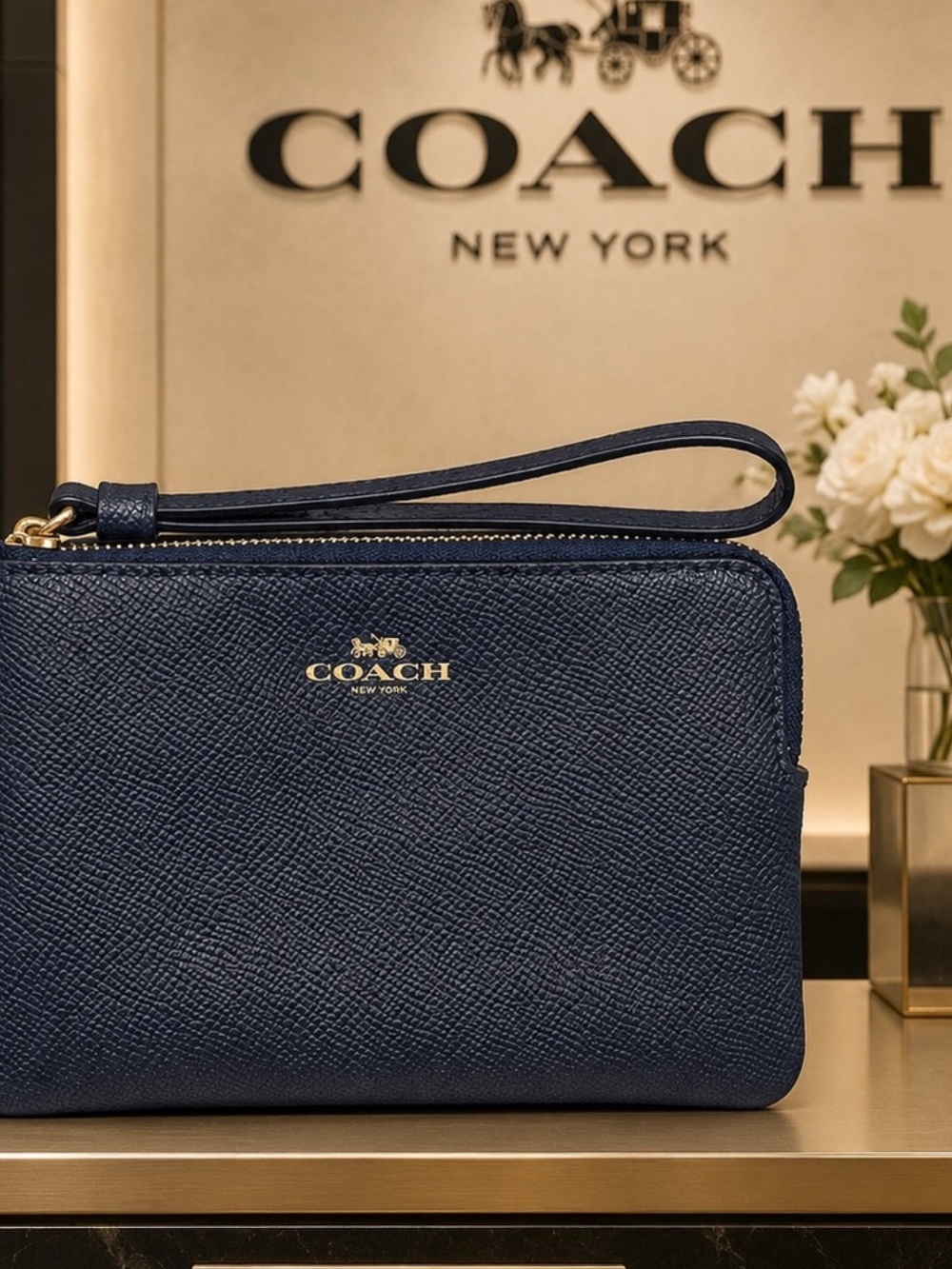 Coach Navy Leather Zip Clutch with Gold Hardware